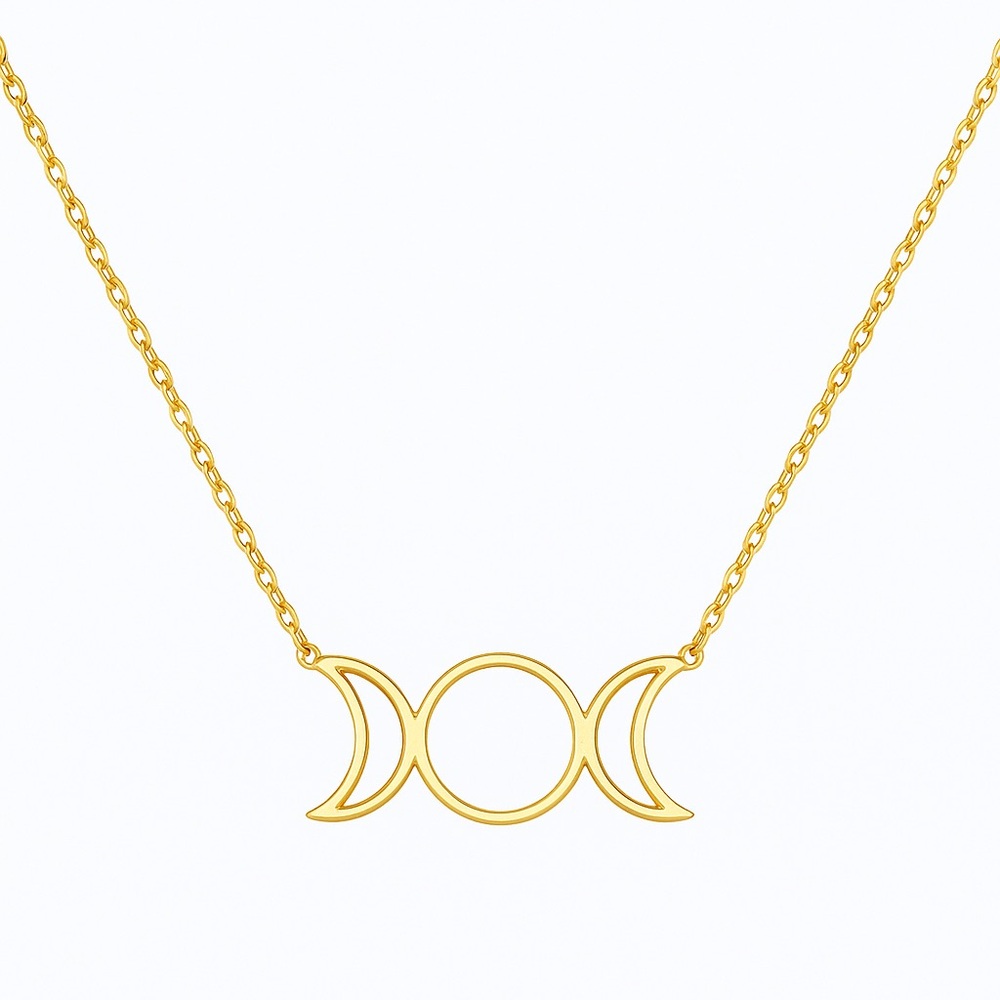 Gold Triple Moon Goddess Necklace Crescent Celestial Stainless Steel 18”